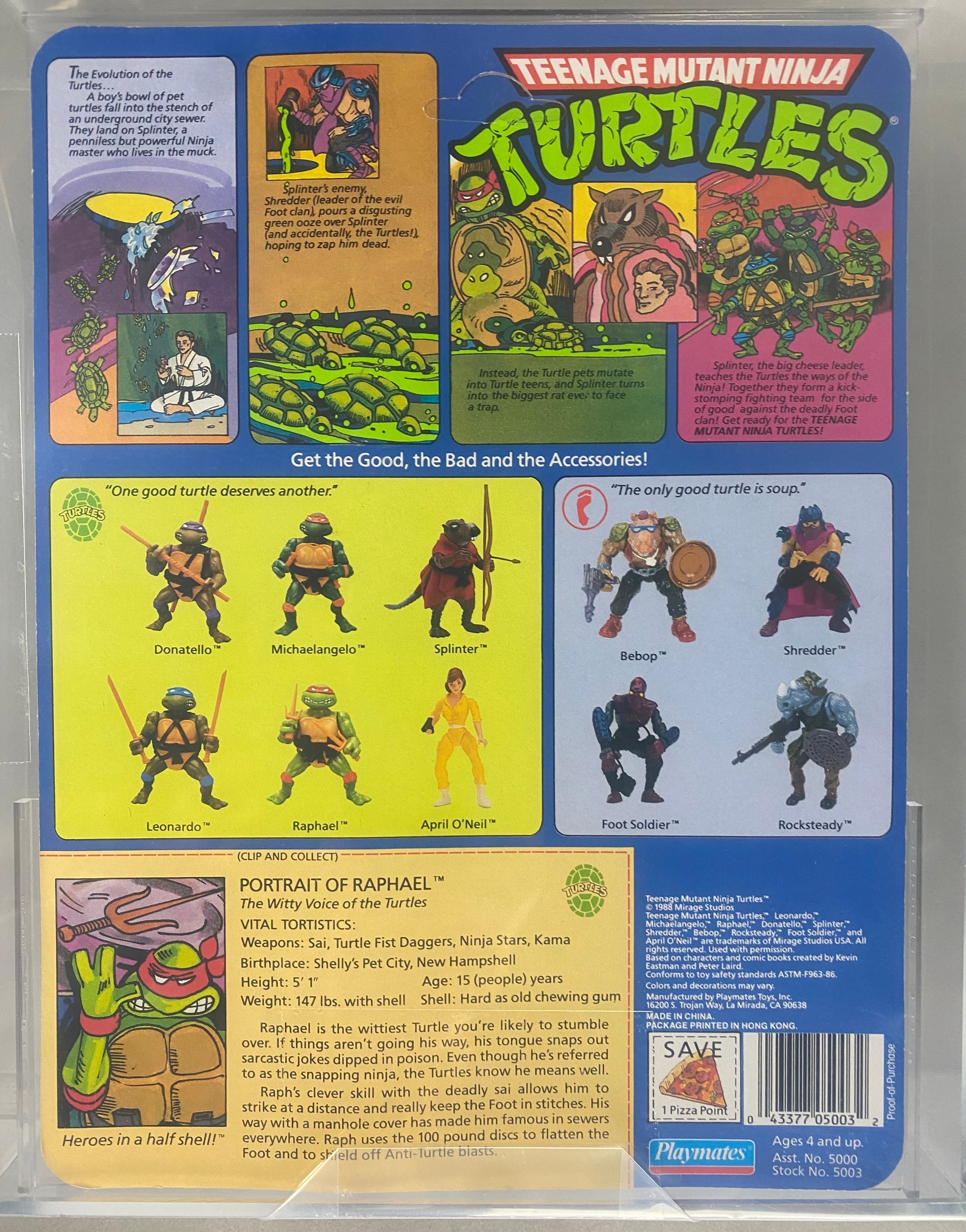 Teenage Mutant Ninja Turtles Raphael Heroes in a Half Shell boxed figure AFA graded 75+. Back photo.